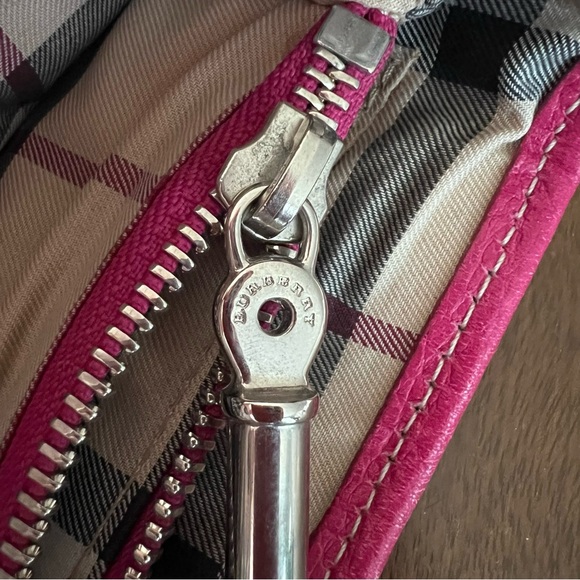 Women’s Burberry Pink Leather Shoulder Baguette Bag Plaid Liner Silver Hardware - Picture 13 of 15